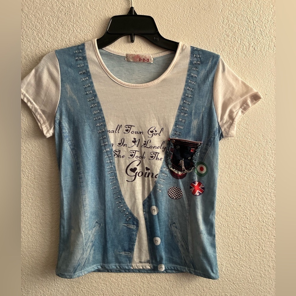 1.2.3. Blue and White Graphic T-Shirt With Embellishments Pocket